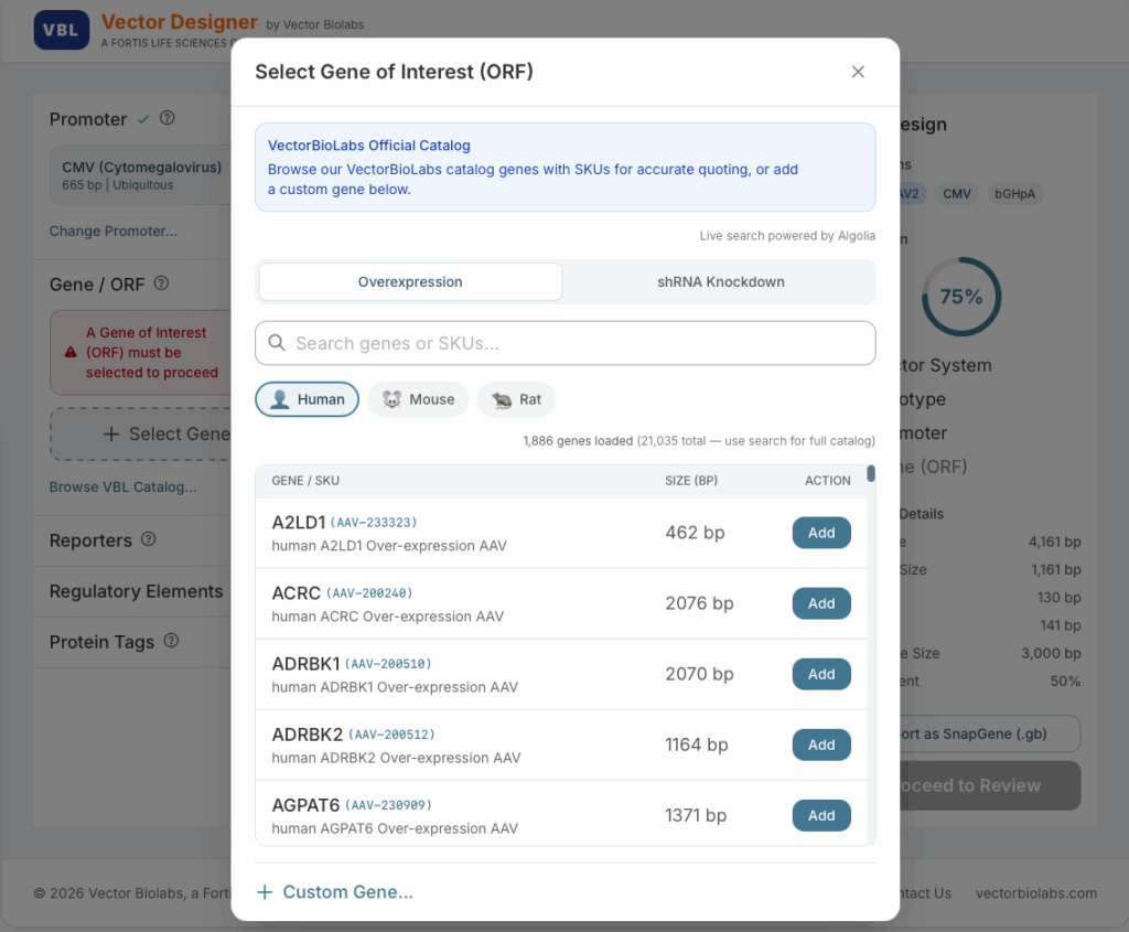 Select ORF | Vector Designer at Vector Biolabs